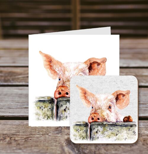 Coaster greetings card, Jasper, Pig over wall, 100% Recycled greetings card with quality gloss drinks coaster.