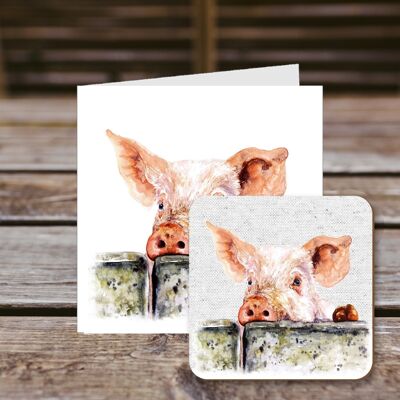 Coaster greetings card, Jasper, Pig over wall, 100% Recycled greetings card with quality gloss drinks coaster.