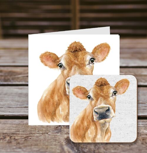 Coaster greetings card, Jennifer, Jersey Cow, 100% Recycled greetings card with quality gloss drinks coaster.