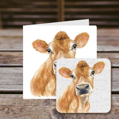 Coaster greetings card, Jennifer, Jersey Cow, 100% Recycled greetings card with quality gloss drinks coaster.