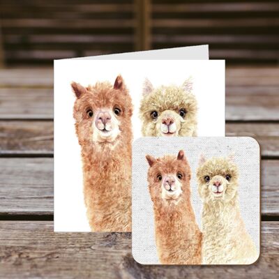 Coaster greetings card,Jo Jo & Henry, Alpacas, 100% Recycled greetings card with quality gloss drinks coaster.