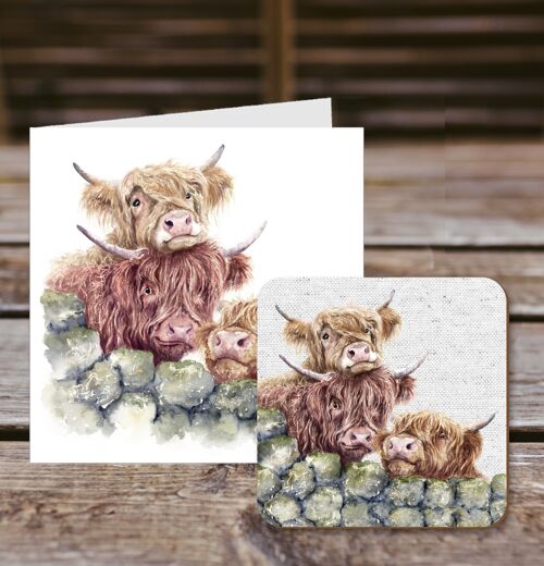 Coaster greetings card, Neighbourhood Watch, Highland Cows Yorkshire Terrier, 100% Recycled greetings card with quality gloss drinks coaster.