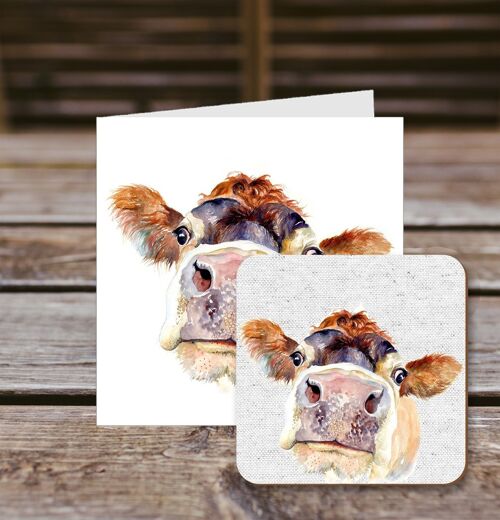 Coaster greetings card, Pammy, Jersey Cow, 100% Recycled greetings card with quality gloss drinks coaster.