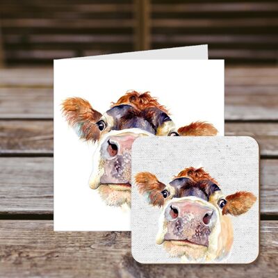 Coaster greetings card, Pammy, Jersey Cow, 100% Recycled greetings card with quality gloss drinks coaster.
