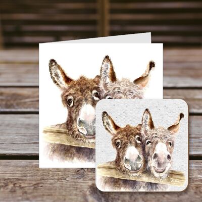 Coaster greetings card, Stan & Ollie, Donkey pair, 100% Recycled greetings card with quality gloss drinks coaster.