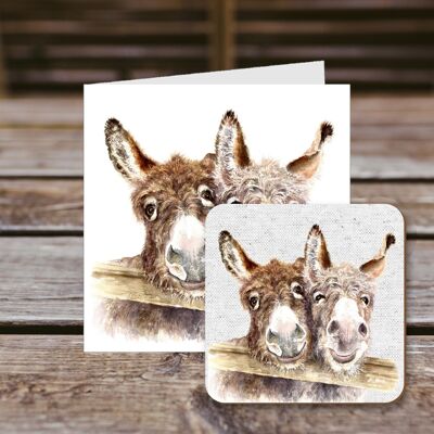 Tarjeta de felicitación de posavasos, Stan & Ollie, pareja de burros, tarjeta de felicitación 100 % reciclada con posavasos de calidad brillante para bebidas.