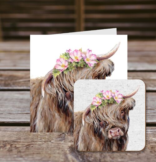 Coaster greetings card, Thora, Highland Cow, 100% Recycled greetings card with quality gloss drinks coaster.