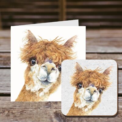 Coaster greetings card, Wendy, Alpaca, 100% Recycled greetings card with quality gloss drinks coaster.