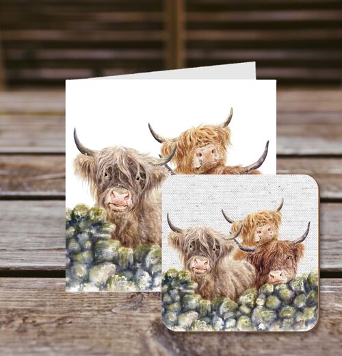 Coaster greetings card, Village Gossip, Highland Cows, 100% Recycled greetings card with quality gloss drinks coaster.