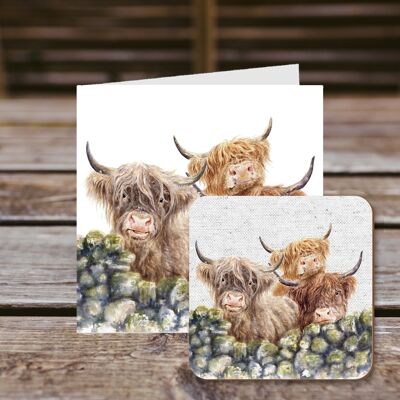 Coaster greetings card, Village Gossip, Highland Cows, 100% Recycled greetings card with quality gloss drinks coaster.