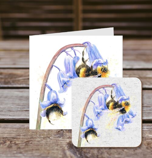 Coaster greetings card, Bee on Bluebells, 100% Recycled greetings card with quality gloss drinks coaster.