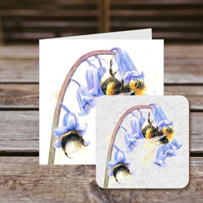 Tarjeta de felicitación de posavasos, Bee on Bluebells, tarjeta de felicitación 100 % reciclada con posavasos de calidad brillante para bebidas.