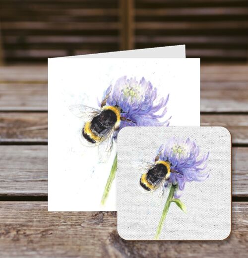 Coaster greetings card, Bee on Clover, 100% Recycled greetings card with quality gloss drinks coaster.