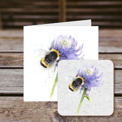 Tarjeta de felicitación de posavasos, abeja en trébol, tarjeta de felicitación 100% reciclada con posavasos de calidad brillante para bebidas.