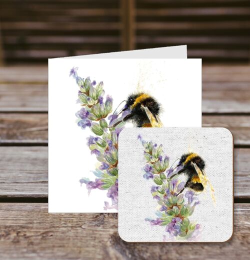 Coaster greetings card, Bee on Lavender, 100% Recycled greetings card with quality gloss drinks coaster.