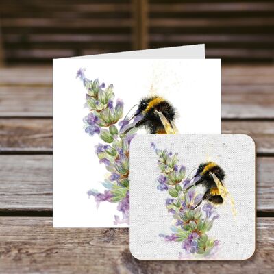 Coaster greetings card, Bee on Lavender, 100% Recycled greetings card with quality gloss drinks coaster.