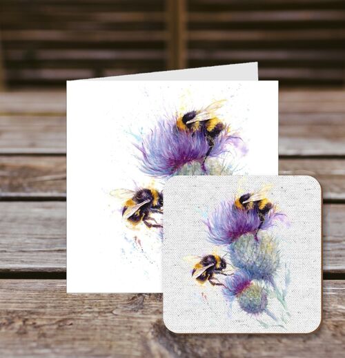 Coaster greetings card, Bees on Thistle, 100% Recycled greetings card with quality gloss drinks coaster.