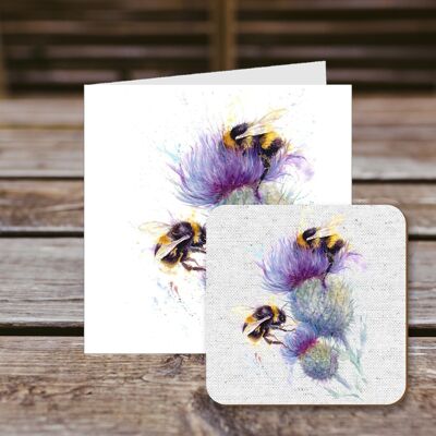 Tarjeta de felicitación de posavasos, Bees on Thistle, tarjeta de felicitación 100% reciclada con posavasos de calidad brillante para bebidas.
