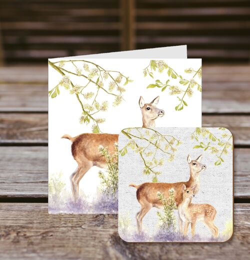 Coaster greetings card, Doe and Fawn,  100% Recycled greetings card with quality gloss drinks coaster.