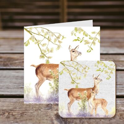 Coaster greetings card, Doe and Fawn,  100% Recycled greetings card with quality gloss drinks coaster.