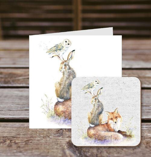 Coaster greetings card, Forest Stack, Fox Hare and Owl 100% Recycled greetings card with quality gloss drinks coaster.
