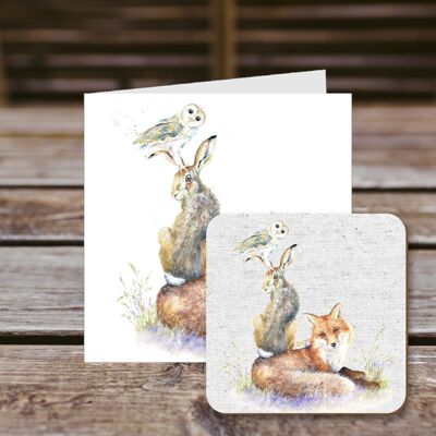 Tarjeta de felicitación de posavasos, Forest Stack, Fox Hare y Owl Tarjeta de felicitación 100% reciclada con posavasos de calidad brillante para bebidas.