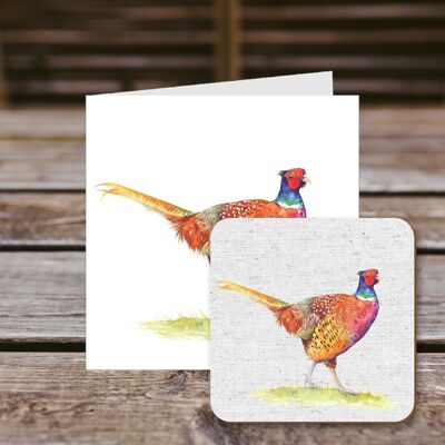 Coaster greetings card, Granville, Pheasant, 100% Recycled greetings card with quality gloss drinks coaster.