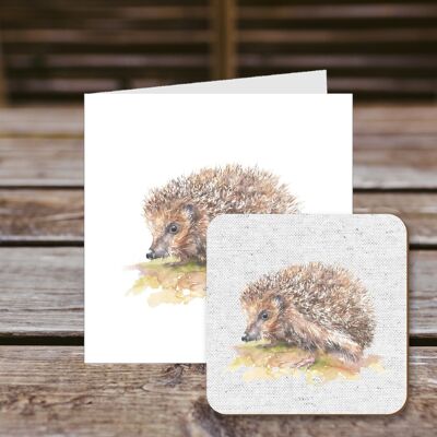 Coaster greetings card, Hester, Hedgehog, 100% Recycled greetings card with quality gloss drinks coaster.