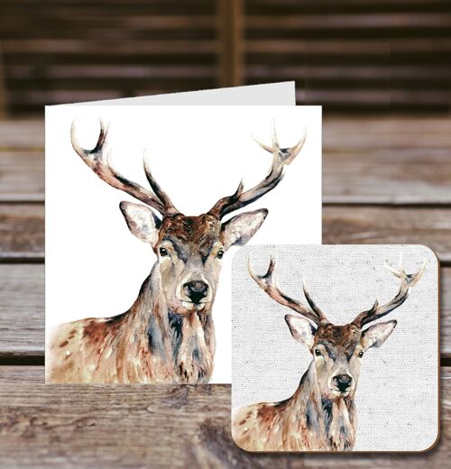 Coaster greetings card, Mongomery, Highland Stag, 100% Recycled greetings card with quality gloss drinks coaster.