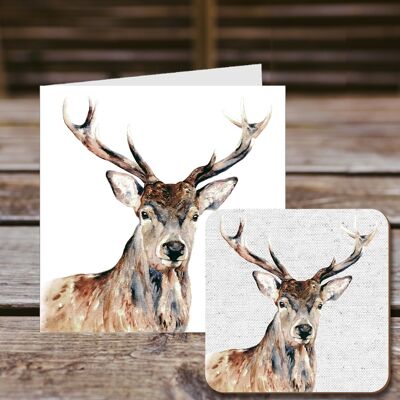 Coaster greetings card, Mongomery, Highland Stag, 100% Recycled greetings card with quality gloss drinks coaster.