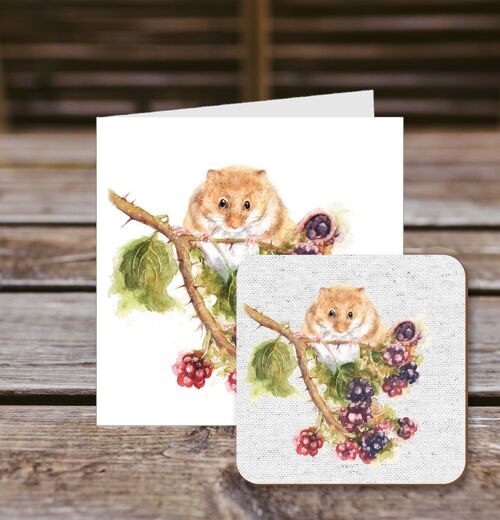 Coaster greetings card, Morris, Fieldmouse on Blackberry bush, 100% Recycled greetings card with quality gloss drinks coaster.