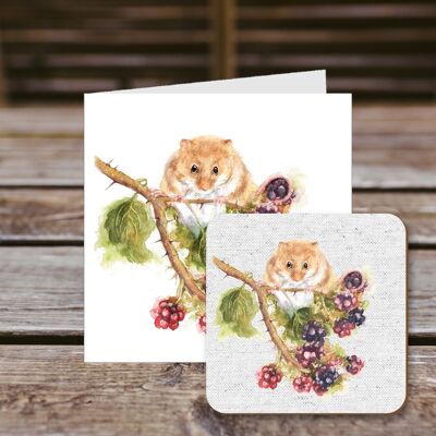 Coaster greetings card, Morris, Fieldmouse on Blackberry bush, 100% Recycled greetings card with quality gloss drinks coaster.