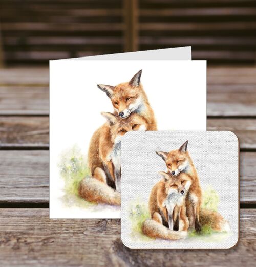 Coaster greetings card, Stand by Me, Pair of Foxes, 100% Recycled greetings card with quality gloss drinks coaster.