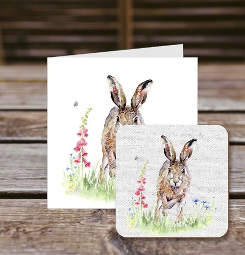 Coaster greetings card, Phoebe, Spring Hare, 100% Recycled greetings card with quality gloss drinks coaster.