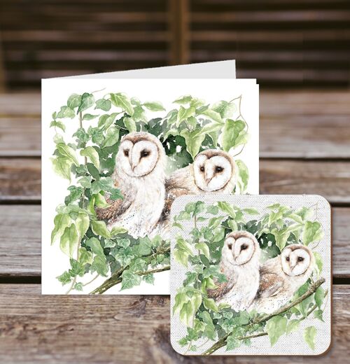Coaster greetings card, Twoo's Company, Pair of Owls, 100% Recycled greetings card with quality gloss drinks coaster.