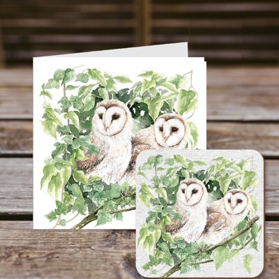 Coaster greetings card, Twoo's Company, Pair of Owls, 100% Recycled greetings card with quality gloss drinks coaster.