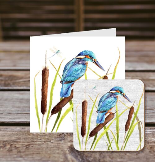 Coaster greetings card, Waiting Game, Kingfisher in Bullrushes, 100% Recycled greetings card with quality gloss drinks coaster.