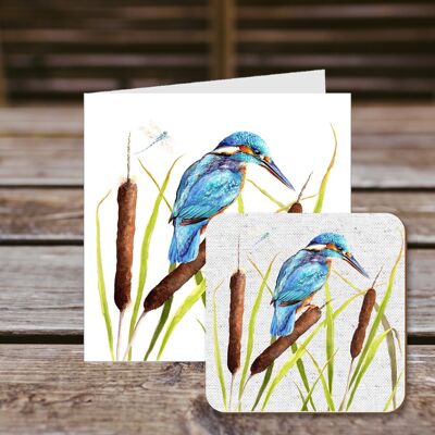 Coaster greetings card, Waiting Game, Kingfisher in Bullrushes, 100% Recycled greetings card with quality gloss drinks coaster.