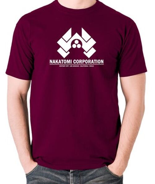 Die Hard Inspired T Shirt - Nakatomi Corporation Century City Los Angeles California 90213 burgundy