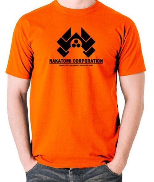 Die Hard Inspired T Shirt - Nakatomi Corporation Century City Los Angeles California 90213 orange