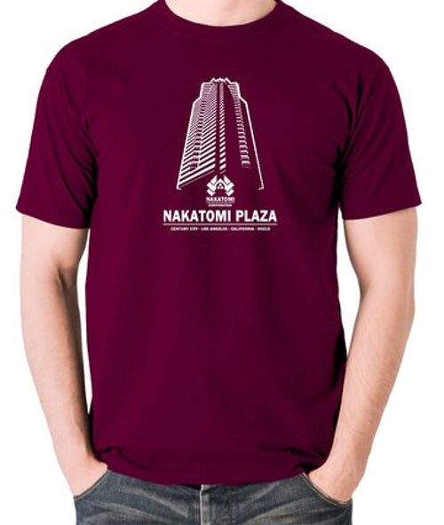 Die Hard Inspired T Shirt - Nakatomi Plaza Century City Los Angeles California 90213 burgundy