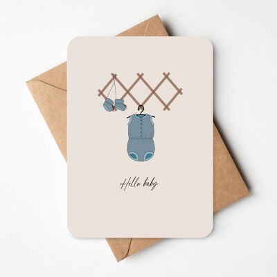 Greeting card with blue romper suit