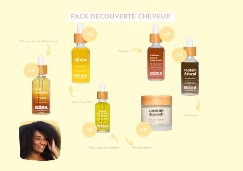 Pack découverte Cheveux - 6 produits naturels : huile pure de Jojoba, Ricin Rouge, Avocat, Coco, masque avant-shampoing et soin réparateur
