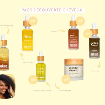 Pack découverte Cheveux - 6 produits naturels : huile pure de Jojoba, Ricin Rouge, Avocat, Coco, masque avant-shampoing et soin réparateur