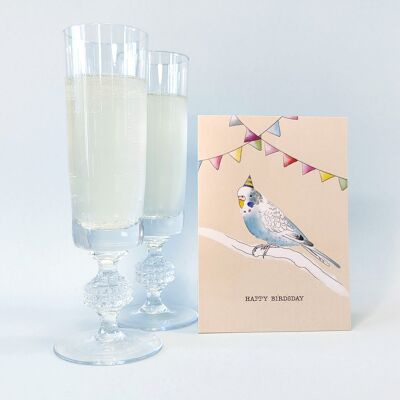Postkarte A6, Happy Birdsday, blauer Wellensittich