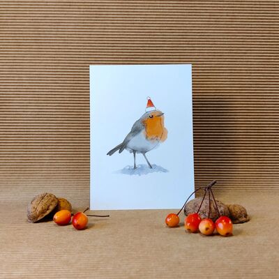 Postcard A6, robin with hat, #Christmas card