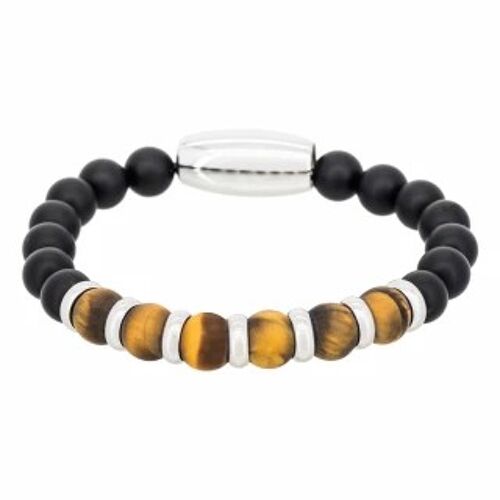 Bracelet Homme acier, oeils de tigre et pierres noir "YELLOW TIG...