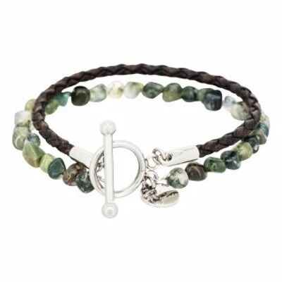 Men's bracelet double turn leather and green stones "BROWN BLEND"