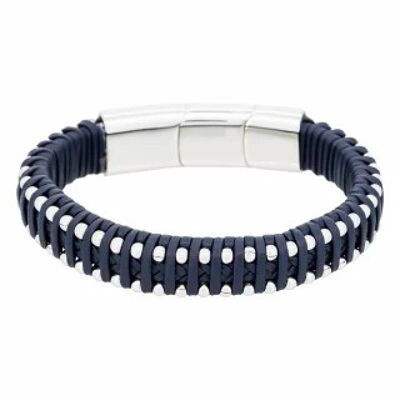 Men's steel and navy blue leather bracelet "OLIVER"