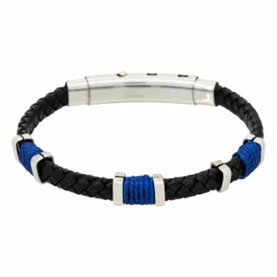 Pulsera de hombre de acero, cuero negro y cuerda azul "BLACK EYES"